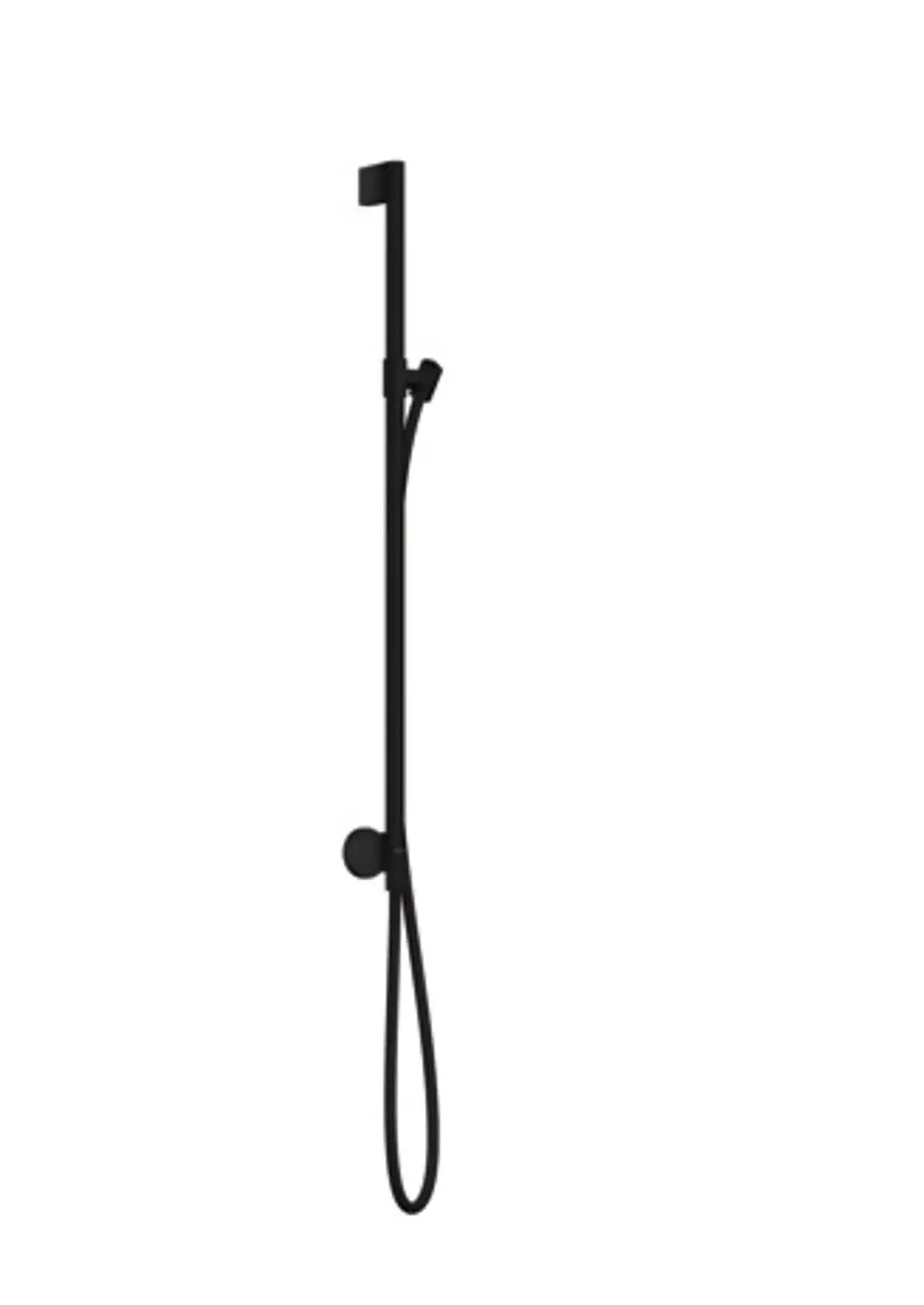Schwarze Brausestange mit Wandanschluss und Brauseschlauch, gestaltet von AXOR. Vertikal montiert, schlankes Design, geeignet für moderne Badezimmer.